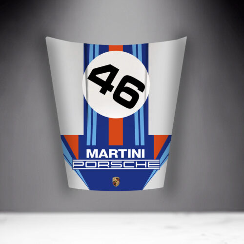 Porsche hood with Martini Racing livery, featuring the number 46 in black on a white circle, and blue and red racing stripes.
