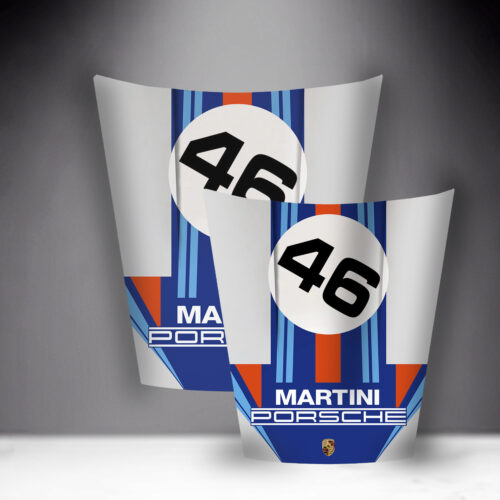 Two Martini Porsche racing car hoods with number 46 and Martini racing stripes.