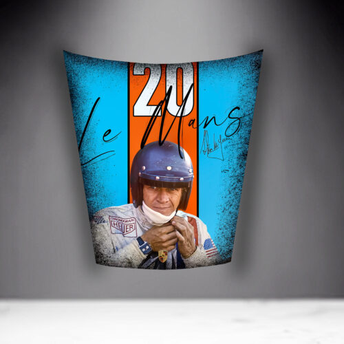 Poster featuring a race car driver in a helmet and racing suit, with the text 