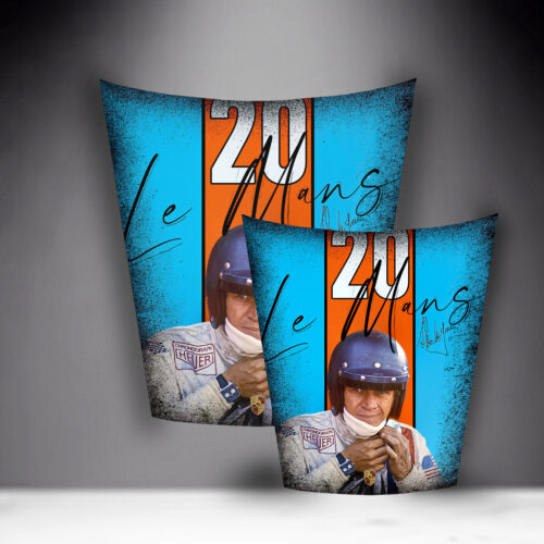 Two posters featuring a race car driver in a helmet and racing suit with the words 