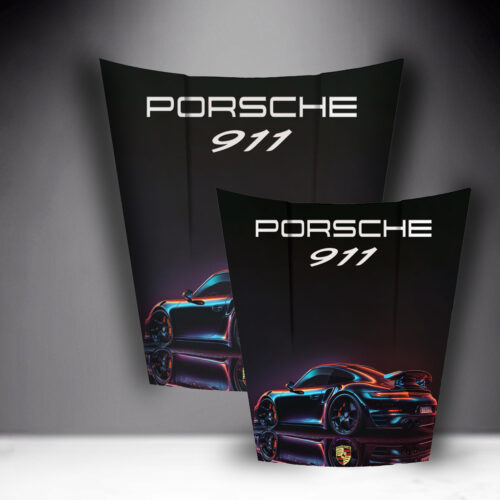 Two displayed car hoods with 