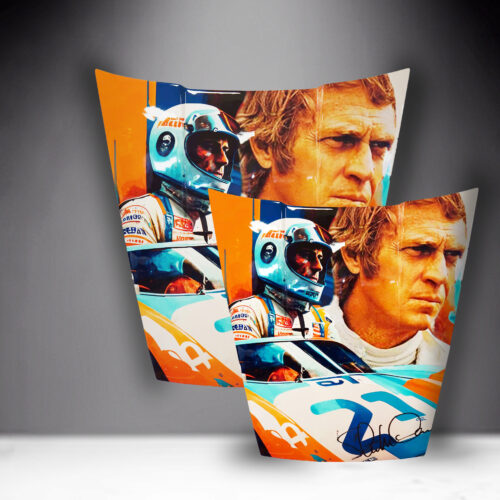 Racing car driver with helmet in front of a racing car and enlarged portrait.