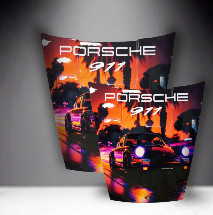 Two car hoods with a vibrant design featuring a retro-style Porsche 911, palm trees, and an orange sunset background, with the text "Porsche 911" displayed prominently.