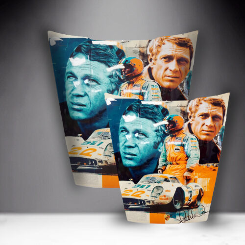 Poster featuring a racing theme with images of a man in a racing suit, a race car, and portraits of the same man in blue and orange tones.