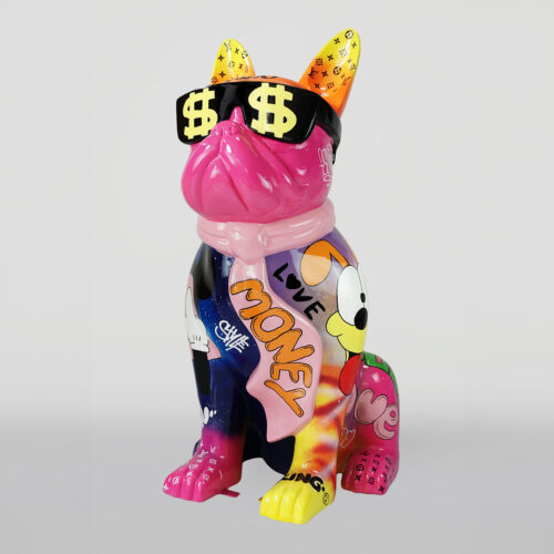 Colorful sculpture of a French Bulldog wearing sunglasses with dollar signs and covered in vibrant graffiti-style designs.