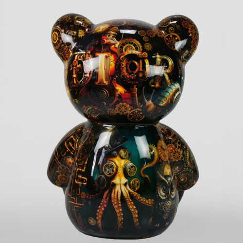 Steampunkowy misiek z motywami kół zębatych i ośmiornicy na ciemnym tle.