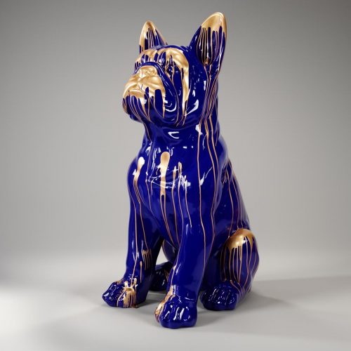 Large French Bulldog Figure “Juki” – blue with gold splash effect