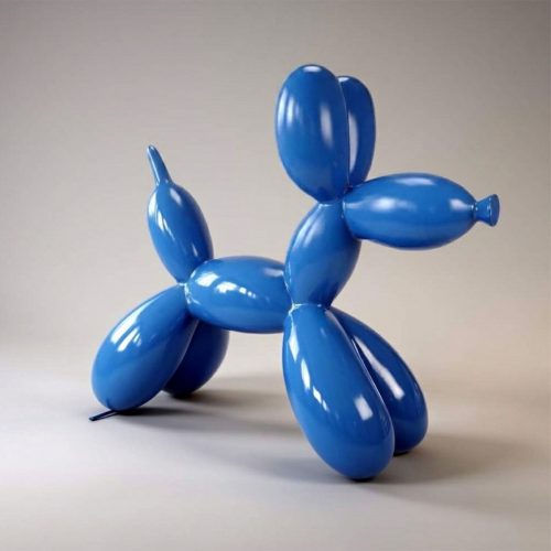 figura psa z balonów z laminatu w błękitnym, błyszczącym, realistycznym stylu, dekoracja reklamowa/event