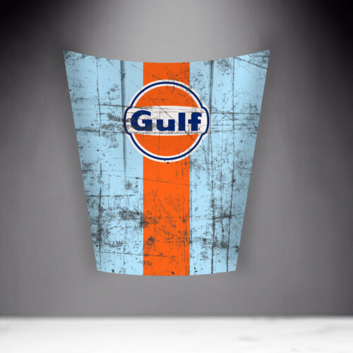 Vintage Gulf racing logo on weathered blue and orange background.