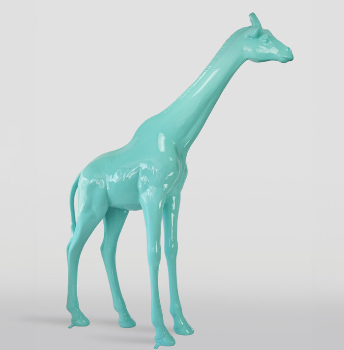 Turquoise giraffe sculpture with a glossy finish on a plain white background.