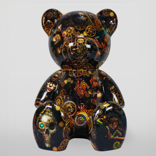 Steampunk-themed teddy bear sculpture with intricate golden gears, mechanical elements, and fantasy illustrations on a dark background.