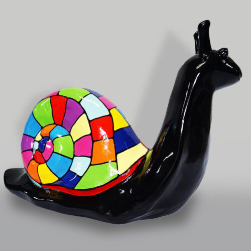 Colorful snail sculpture with a black body and a mosaic shell featuring vibrant, multicolored geometric patterns.