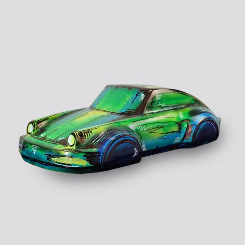 Graffiti-style artistic representation of a green sports car.