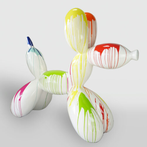White balloon dog sculpture with colorful paint drips in yellow, green, blue, pink, and red.