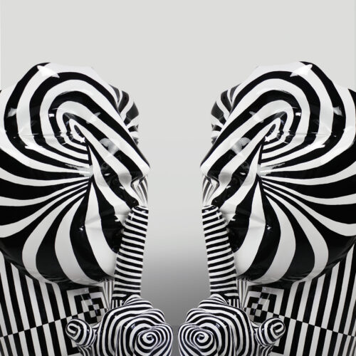 Black and white abstract sculptures with swirling striped patterns, reflecting each other.