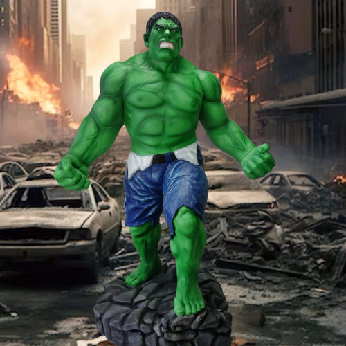 A green muscular character standing on a rock with a destroyed city and burning cars in the background.