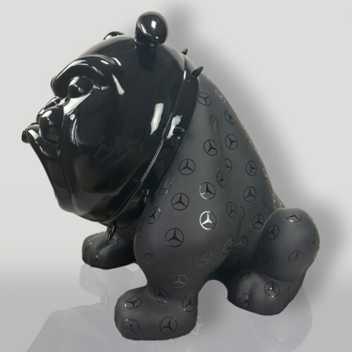 Black bulldog sculpture with reflective surface, featuring a pattern of Mercedes-Benz logos.