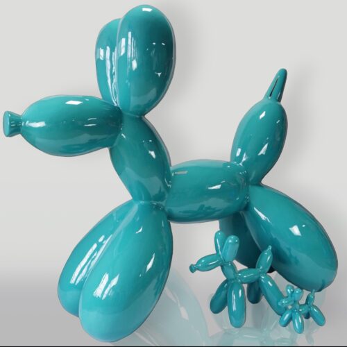 A teal-colored, balloon-animal sculpture resembling a dog with a smaller balloon-animal sculpture of the same design and color in front of it.