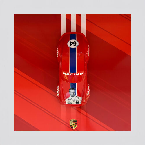 A top view of a red racing car with blue and white stripes, featuring the number 64 on the roof. The word