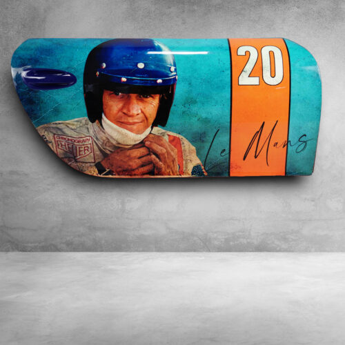 Car door art featuring a race car driver in blue helmet, suit with