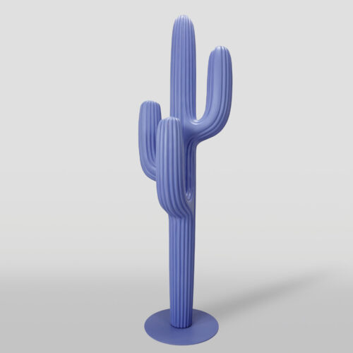 A blue sculpture of a stylized, ribbed cactus with three arms, standing on a round base.