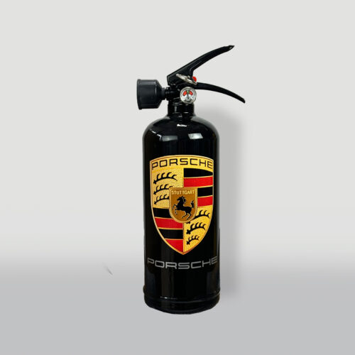 Black fire extinguisher with a Porsche logo.