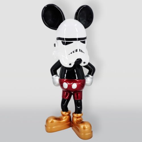 Statue of a character with a Mickey Mouse body and a Stormtrooper helmet.