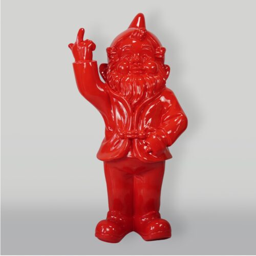 Red gnome figurine with a raised middle finger.