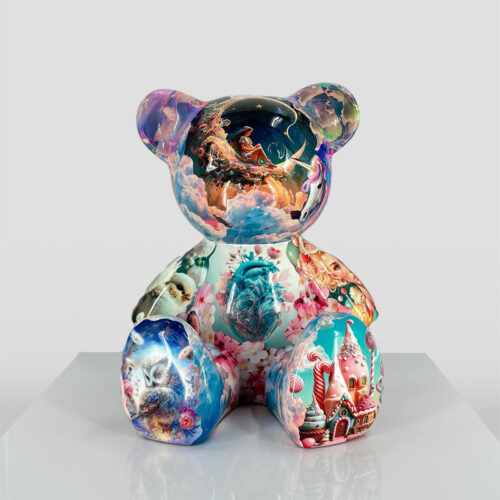 Colorful teddy bear sculpture adorned with various fantasy-themed paintings and illustrations, including animals, celestial scenes, and whimsical landscapes.
