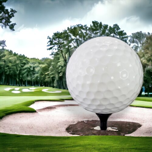 A large golf ball on a tee in the middle of a golf course with trees in the background.