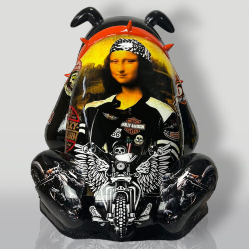 Motorcycle fuel tank featuring the Mona Lisa wearing a Harley-Davidson jacket and bandana, with skull and motorcycle illustrations.