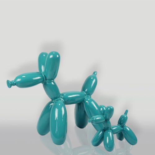 Turquoise balloon sculptures of a large and small dog against a plain background.
