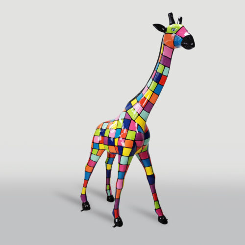 Sculpture of a giraffe covered in colorful, checkerboard-style squares.