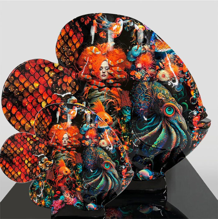 Sculpture resembling fish with vibrant underwater-themed design featuring fish scales, colorful marine life, and a woman's face with red hair.