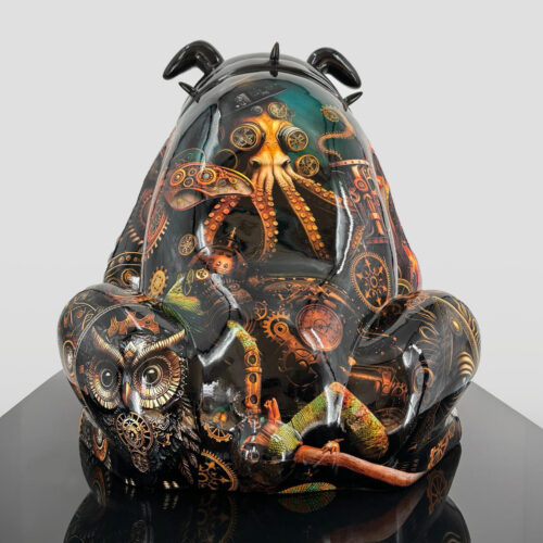 A sculpture of a seated bear covered in intricate, colorful steampunk-themed illustrations including an octopus, an owl, gears, and other mechanical elements.