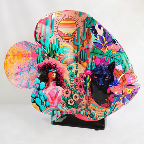 Colorful abstract artwork featuring a woman with an afro, cacti, a blooming desert landscape, and a black panther.