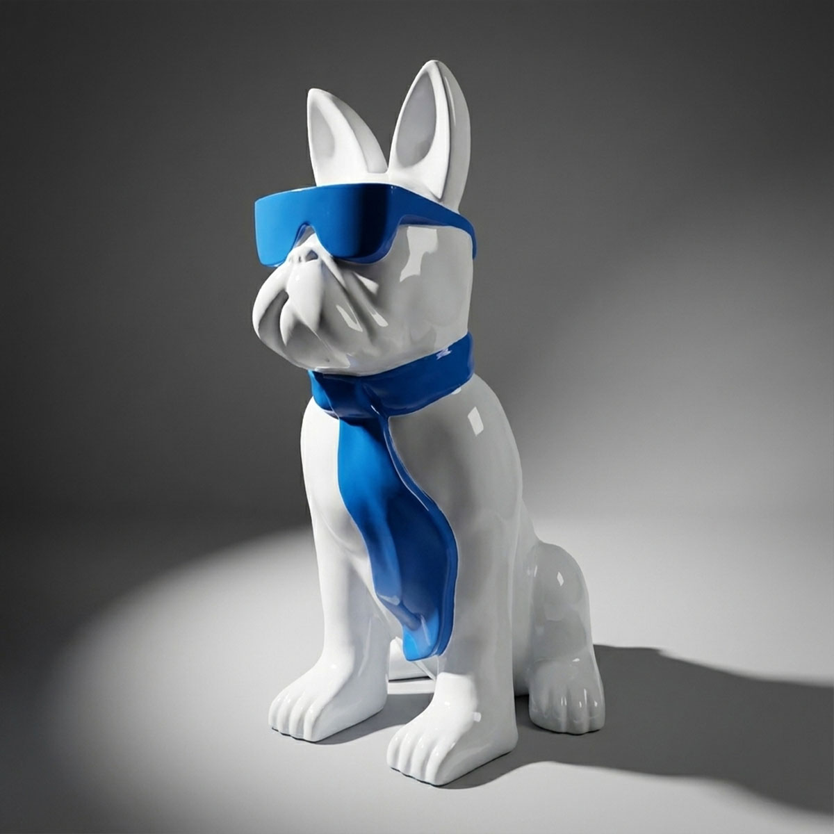 Medium Bulldog Figure with Tie and Glasses - Blue Sky