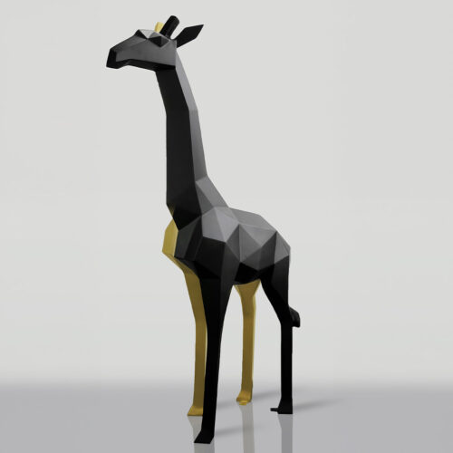 A geometric, low-poly sculpture of a giraffe in black and gold standing against a light gray background.