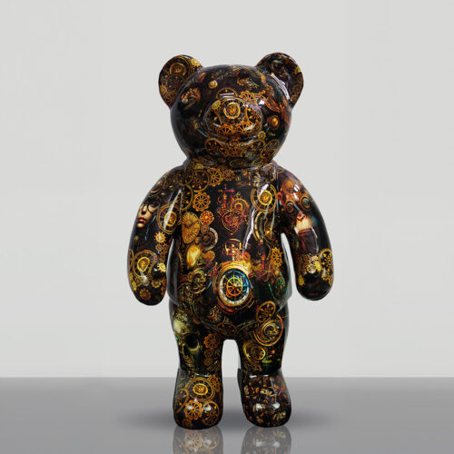 Bear sculpture decorated with intricate steampunk designs including gears, clocks, and mechanical components.
