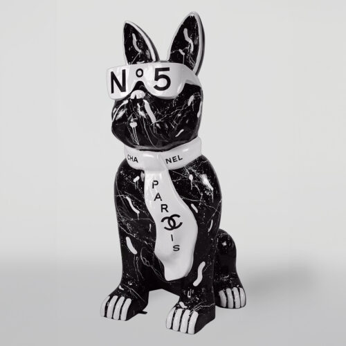 Statue of a black French bulldog wearing white sunglasses labeled