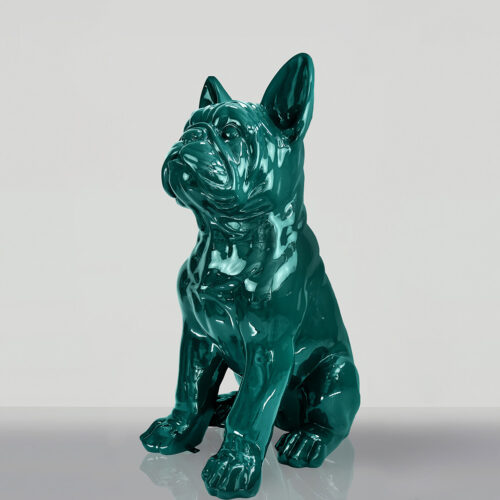 Shiny green ceramic sculpture of a sitting French Bulldog.