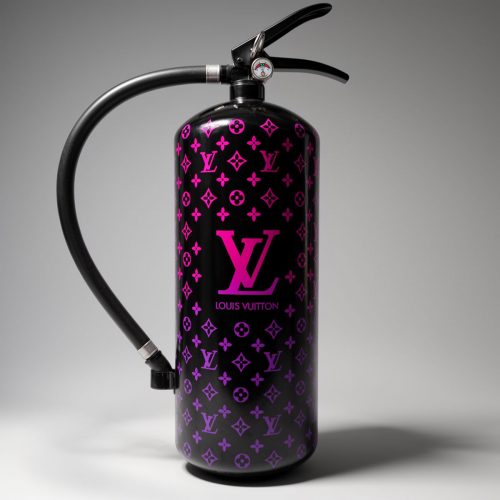 Three designer fire extinguishers on display: left is light blue with the number