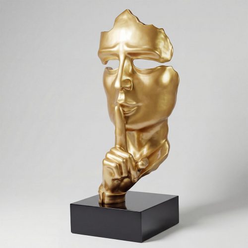 sculpture face figure in gold-finish fiberglass showing fragmented mask and finger to lips, modern decorative or advertising display