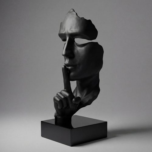 sculpture face figure in black fiberglass with fragmented profile and finger-to-lips gesture, modern decorative piece for interiors or events