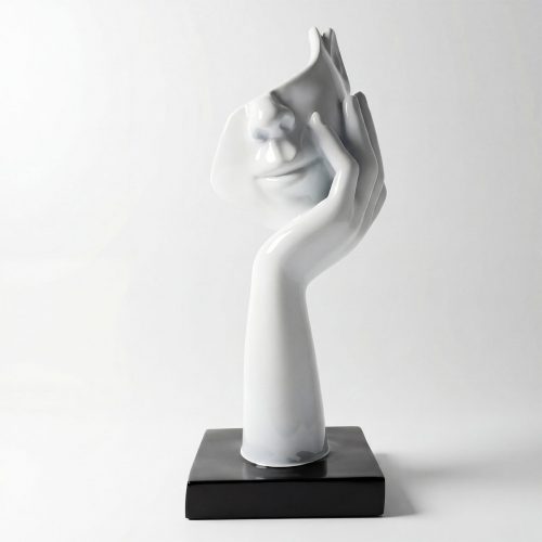 sculpture face hand in glossy white fiberglass on black base, abstract artistic modern decorative figure for interior or display