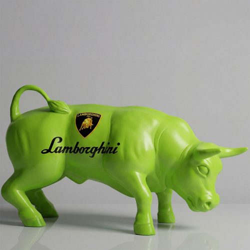figure bull sculpture in lime green fiberglass with Lamborghini logo, glossy artistic decor for showroom or event