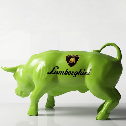 sculpture bull figure in glossy lime green fiberglass with Lamborghini logo, modern advertising or mall display