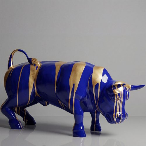 sculpture bull figure in glossy blue fiberglass with gold drip stripes, modern decorative piece for malls or events