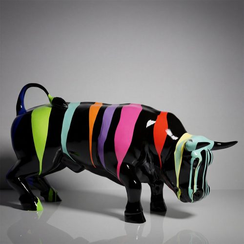 sculpture bull figure in glossy black fiberglass with dripping neon stripes in green, blue, orange, pink and yellow for decor or advertising