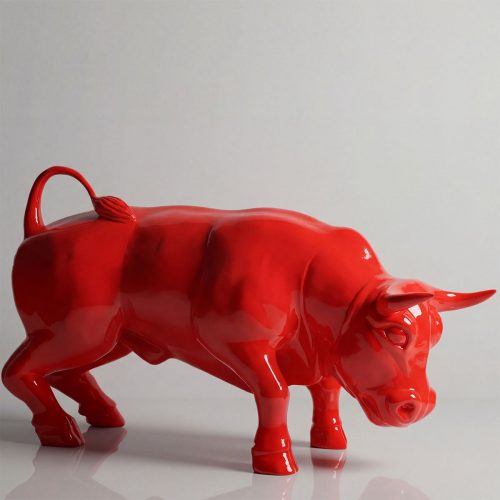 figure bull sculpture in glossy red fiberglass, stylized muscular form for advertising or mall decoration